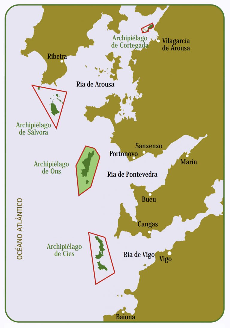 Parque Nacional das Illas Atlánticas, mapa de las Islas Ons, Islas Cíes y Salvora